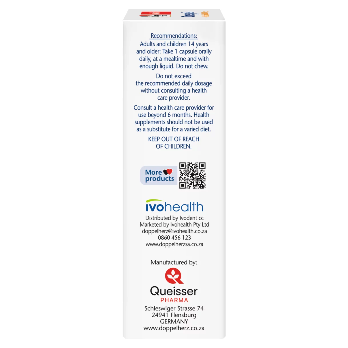 Illustration of the product packaging Doppelherz aktiv Omega-3 + Folic Acid + B6 + B12 side view left